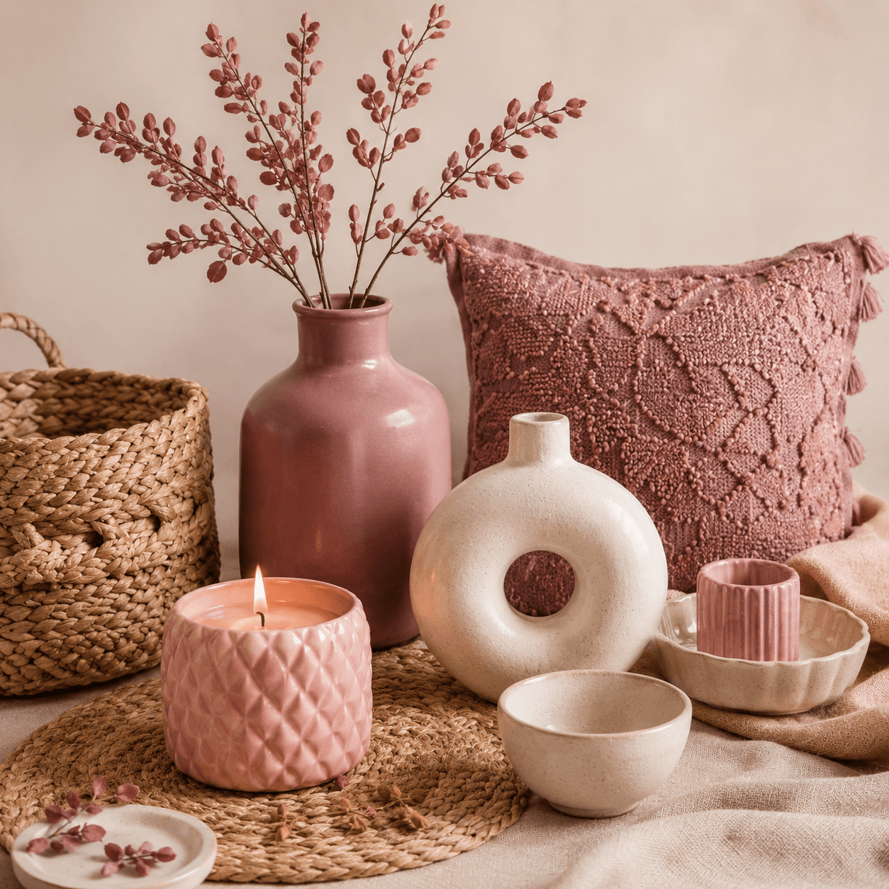 Handmade home decor with ceramics, woven basket, plants, and cushion
