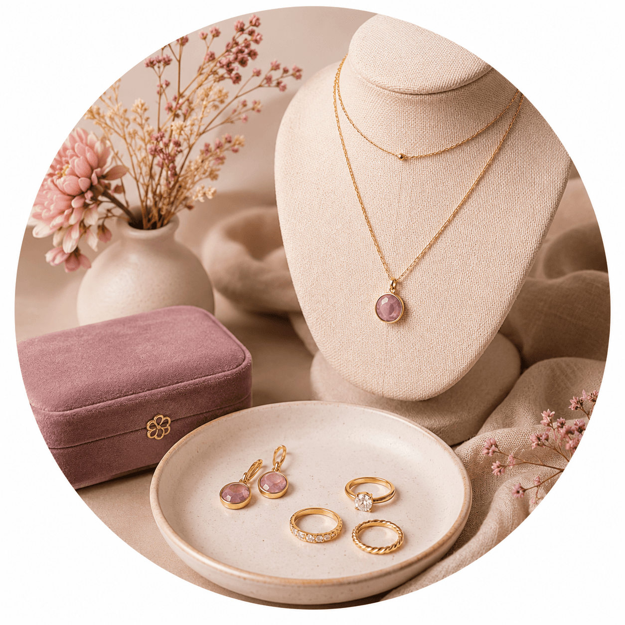 Handmade gold jewelry displayed on soft neutral surfaces