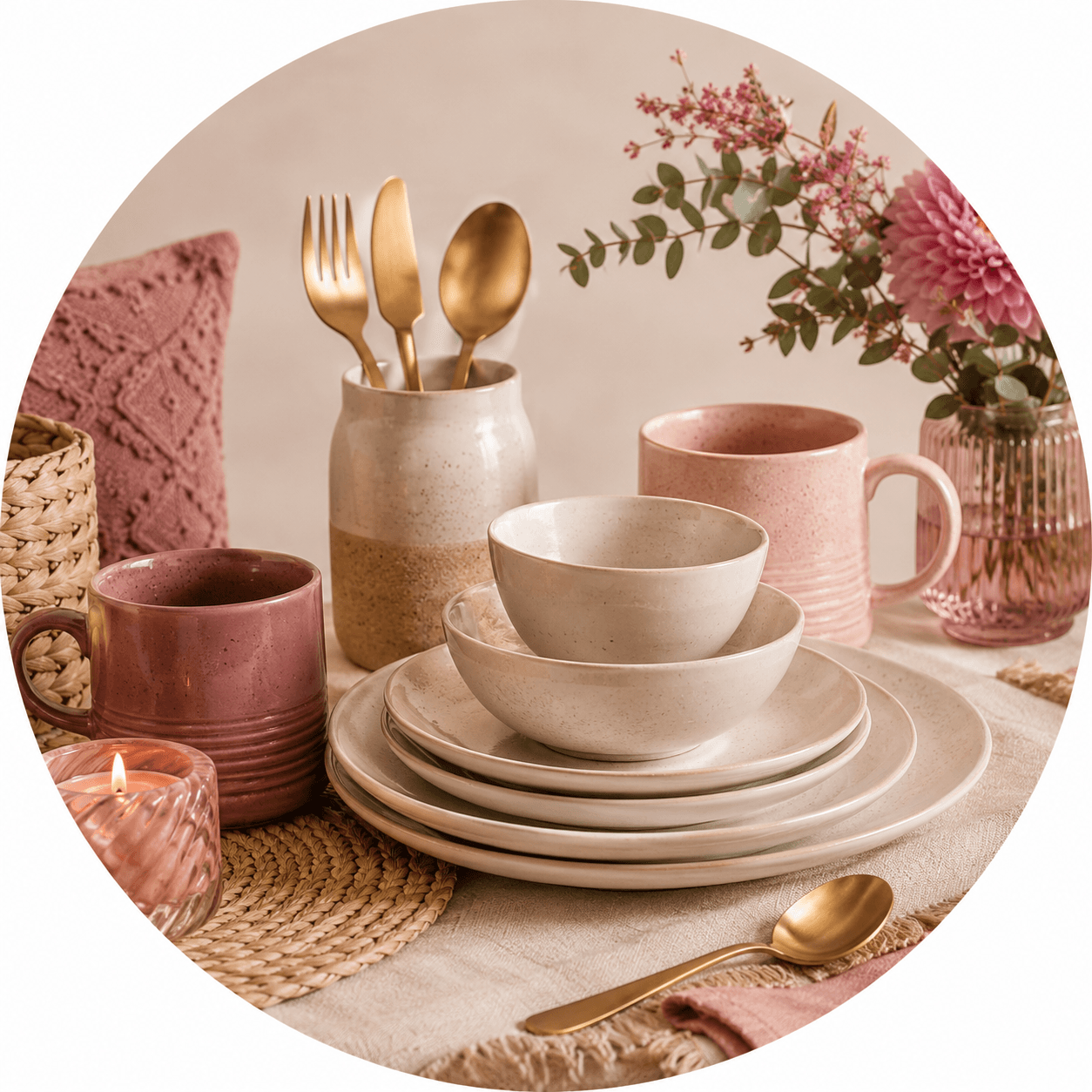 Handmade kitchen and dining ceramics with wooden serving pieces