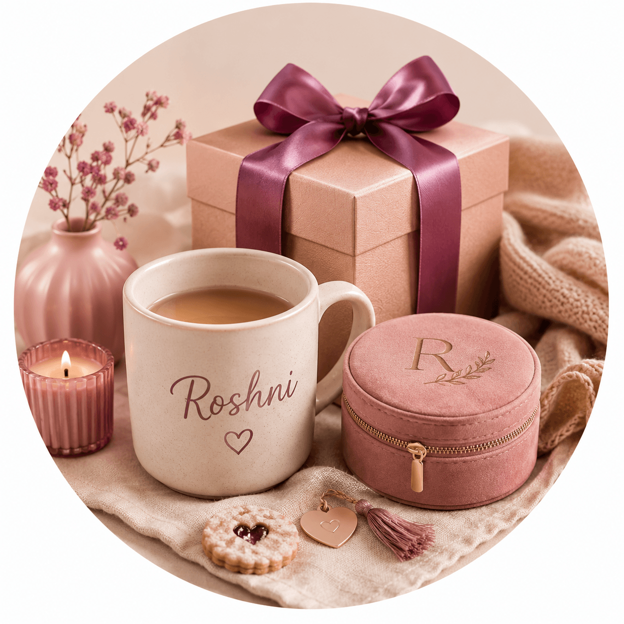 Personalized handmade gift set with monogram mug and carved keepsakes